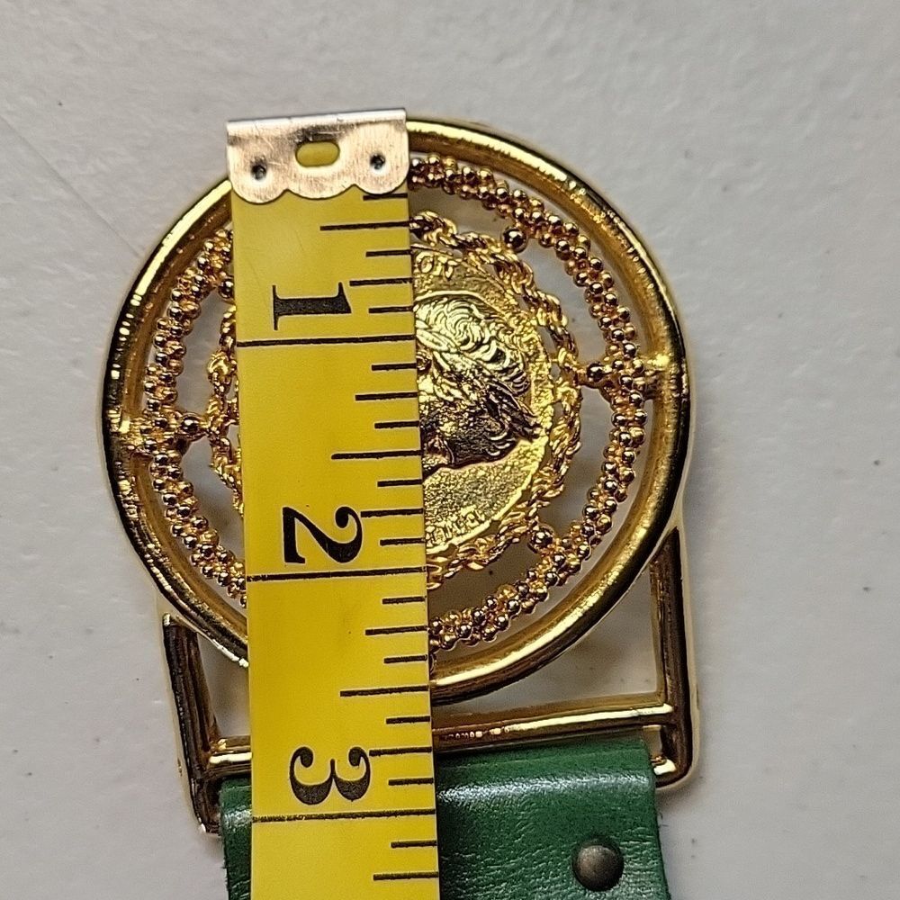 Vintage Green Leather Statement Belt with Gold Napoleon Coin Medallion - Picture 15 of 16